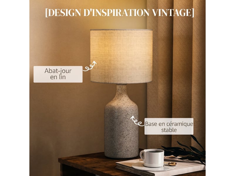  Lampe de table avec base en céramique et abat-jour en lin, lampe de chevet rétro avec culot e27, blanc et sable  - Conforama D