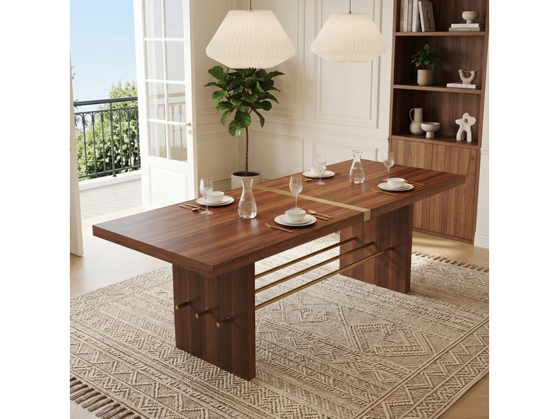  Table à manger moderne noyer+or 180x75 cm, 6-8 personnes, plateau 4 cm, résistant  - Conforama B