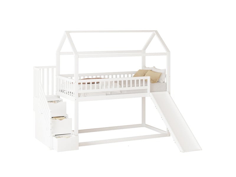  Lit mezzanine 90x200 cm, lit cabane avec toboggan et escalier de rangement, en bois, blanc, sans matelas  - Conforama A