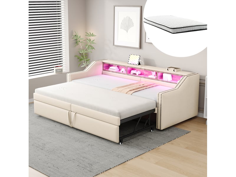  Modenvie banquette lit gigogne 90180x200 cm - rangement lateral, led et port usb, matelas inclus - beige  - Conforama B