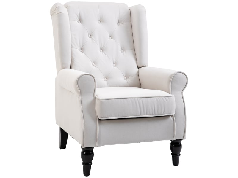  Fauteuil de salon, fauteuil d'appoint mi-siècle moderne en flanelle neige avec haut dossier capitonné à oreilles, crème  - Conforama B