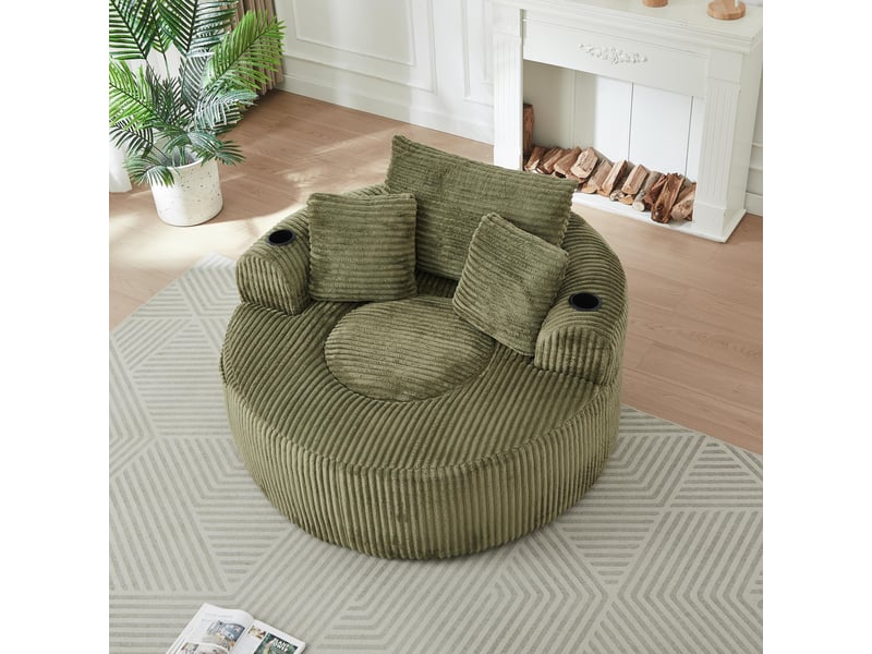  Fauteuil 2 places - 142x142x63 cm - fauteuil poire indépendant en velours côtelé avec 3 coussins et 2 porte-gobelets - vert  - Conforama B