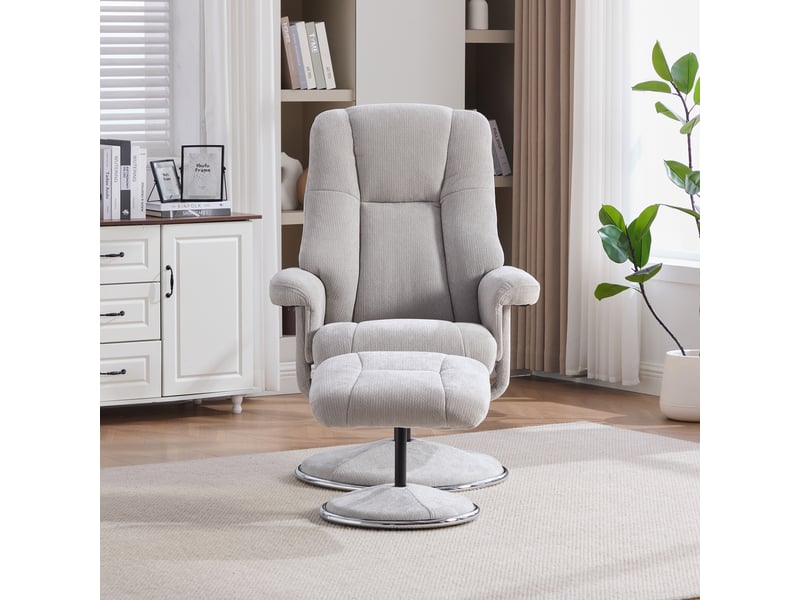  Fauteuil relax pivotant à 360°, dossier réglable à 145° avec repose-pieds en chenille gris  - Conforama D