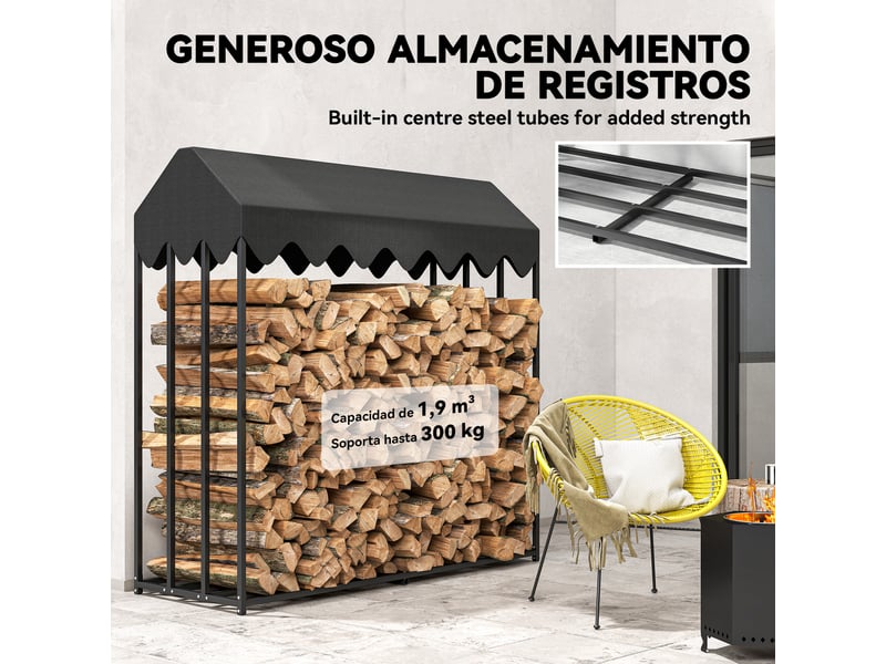 Porte-bûches extérieur avec toit imperméable, acier noir, capacité 300 kg, 186 x 70 x 185 cm - Conforama R
