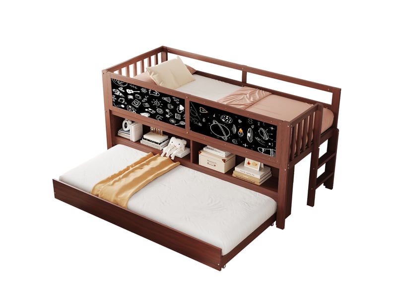  Lit enfant gigogne 90x200cm design minimaliste moderne, tableau ardoise, rangements, échelle, bois, marron sans matelas  - Conforama A