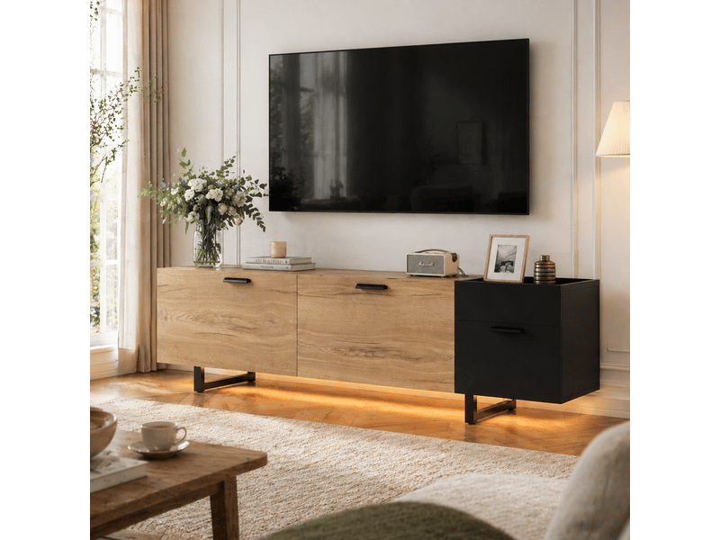 Meuble tv bois et noir 180 cm avec éclairage led, banc de télévision moderne à tiroirs et niches, bois d'ingénierie et métal, 180x38x49 cm - Conforama B