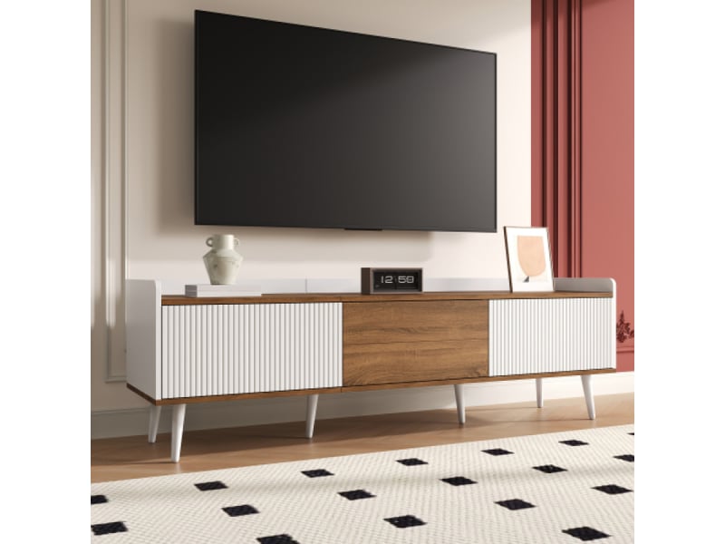 Meuble de tv 160cm, trois portes, support et table tv compact, finition blanc et bois naturel, hauteur 49,5 cm - Conforama B