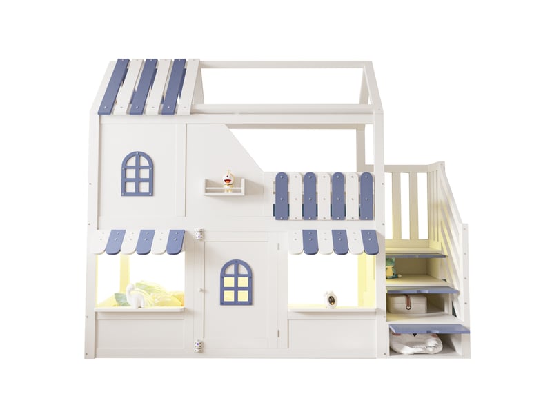  Lit superposé enfant 90x200 cm cabane avec escalier de rangement led blanc et bleu  - Conforama A