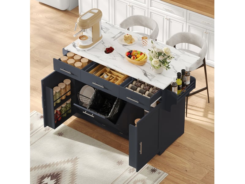 Desserte de cuisine grise 136x75x92 cm avec plateau rabattable et prises - Conforama B