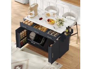 Desserte de cuisine grise 136x75x92 cm avec plateau rabattable et prises