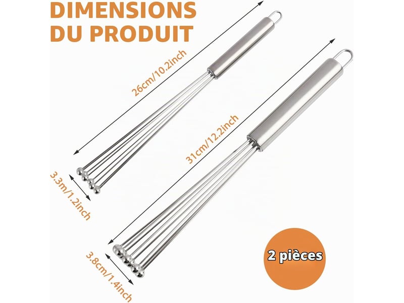  2pcs petit fouet cuisine portable fouet à bille en acier inoxydable professionnel,design ergonomique avec griffes semi-rigides, tailles de 12 et 10 CSLZF-KAI0011921LZF - Conforama B