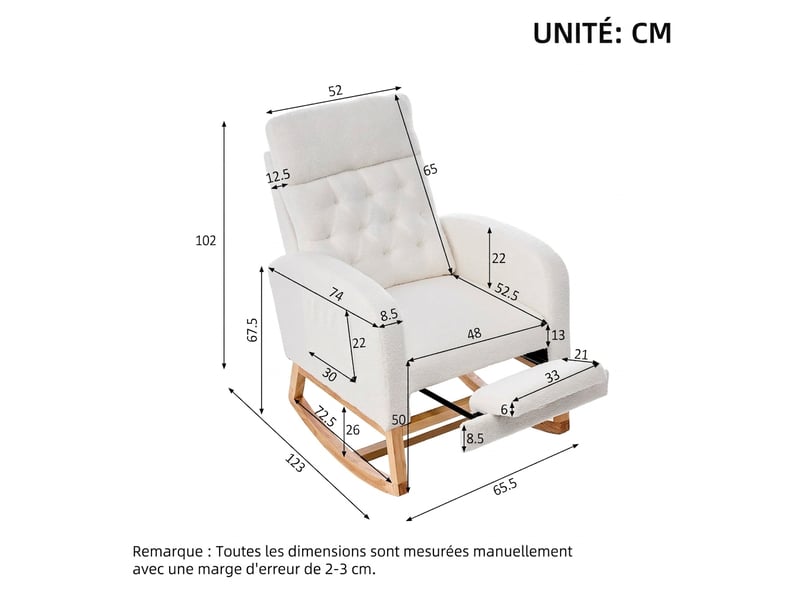  Fauteuil à bascule bouclette relax avec repose-pieds réglable, fauteuil d'allaitement blanc  - Conforama D