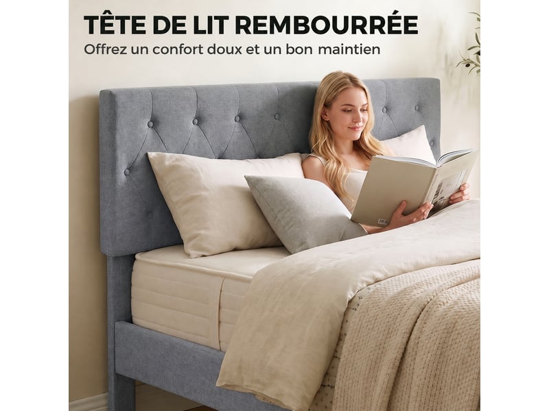  Cadre de lit 140 x 190 avec sommier, lit double capitonné en lin gris, tête rembourrée, 10 lattes  - Conforama D