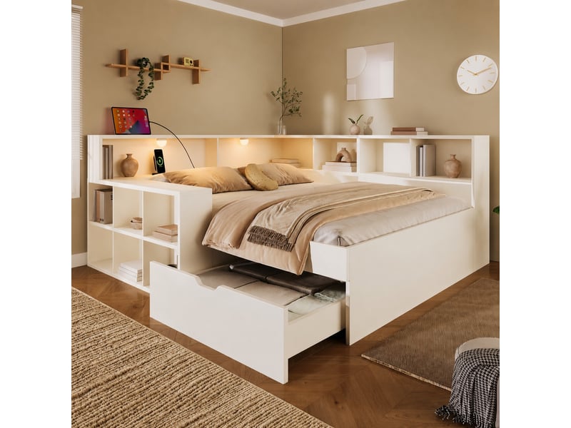 Lit fonctionnel blanc 140x200 cm avec rangements, liseuses, usb et type-c Fay Lum - Conforama B