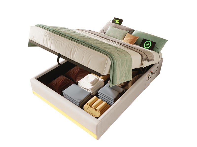  Modenvie lit coffre 90x200 cm - avec led multicolore, usb-c et rangement hydraulique, sans matelas - beige  - Conforama A
