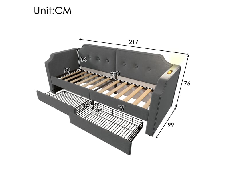  Lit banquette 90x200 cm en velours gris avec 2 tiroirs, usb type-c et liseuse  - Conforama E