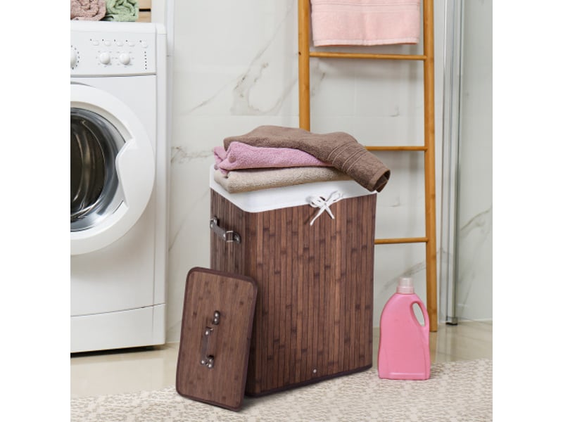  Panier à linge pliable avec couvercle, bambou marron foncé, 72 l, 40 x 30 x 60 cm, sac lavable et poignées  - Conforama B