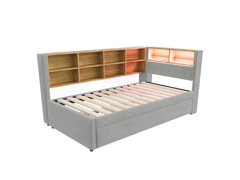  Lit gigogne enfant 90x200 + 90x190 cm avec led, prises, rangement, sommier et canapé-lit, flanelle, gris clair, sans matelas  - Conforama D
