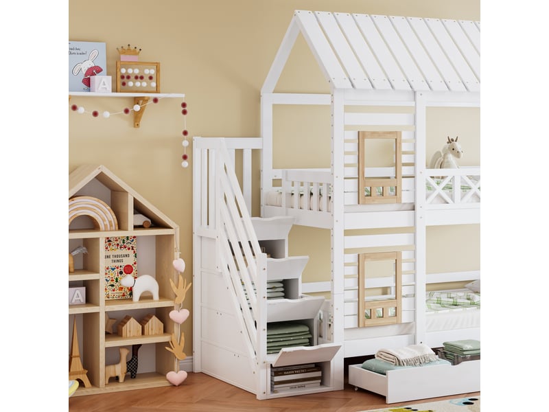  Lit superposé enfant 90x200cm en pin et mdf blanc naturel avec 4 fenêtres, 2 tiroirs et escalier  - Conforama C