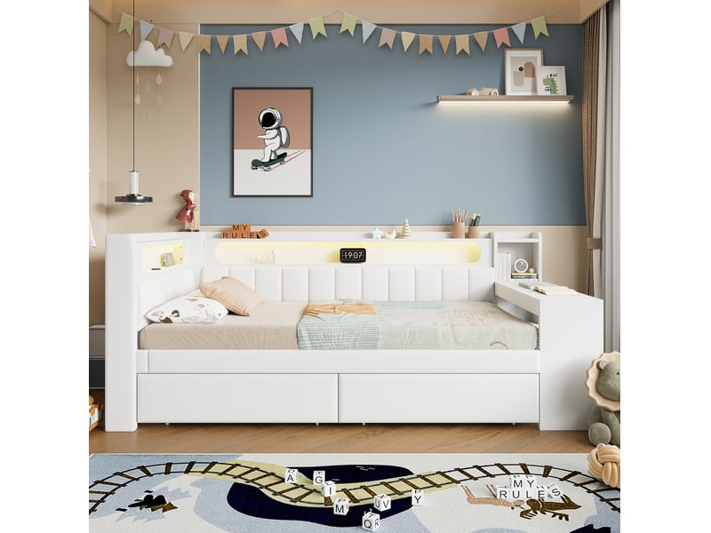  Lit banquette 90x200 cm avec bureau, led, usb et 2 tiroirs blanc  - Conforama C