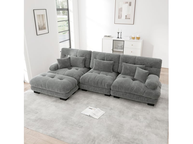  Canapé d’angle modulable 3 places 313x145x81 cm, mousse haute résilience, finition chenille gris, avec pouf  - Conforama B