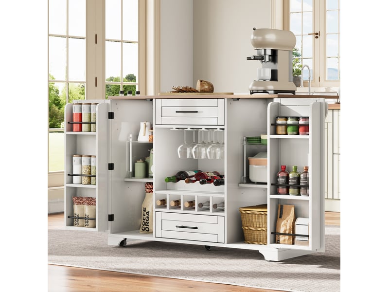 Desserte 138x45-70x92 cm avec plan de travail rabattable, îlot sur roulettes, pour cuisine, en mdf, blanc et naturel - Conforama B