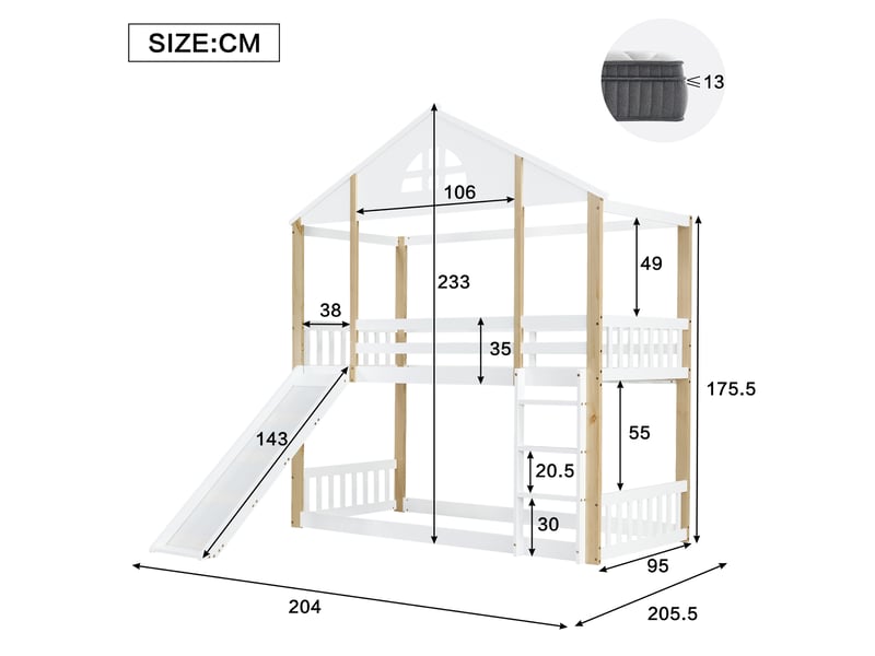  Lit superposé 90x200 cm cabane enfant - avec toboggan, échelle d’angle et fenêtres, barrière de sécurité - sans matelas - bois pin + mdf - blanc et naturel  - Conforama C