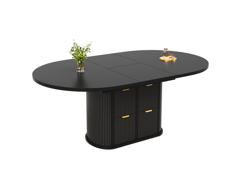  Table de salle à manger ovale extensible 118158x118x76.8 cm pour 4 à 6 personnes, 2 tiroirs, rangements rabattables, rayures en relief - noir  - Conforama A