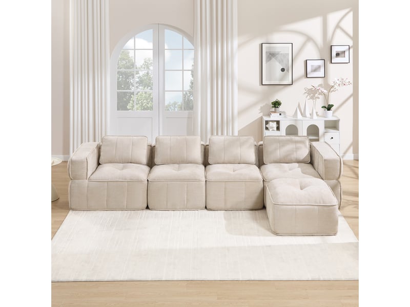  Canapé modulable, canapé 4 places, en tissu, beige, avec pouf, pour salon, mobilier pour espace de vie, adapté à l'espace de vie  - Conforama C