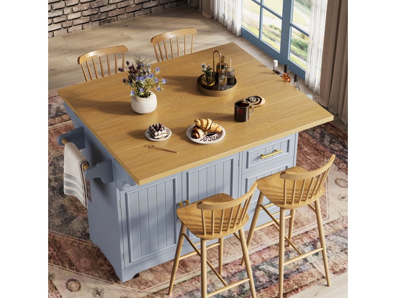  Desserte de cuisine à roulettes, 3 tiroirs, plateaux rabattables et étagères réglables, bleu-gris, 120 × 40(80) × 95 cm  - Conforama C