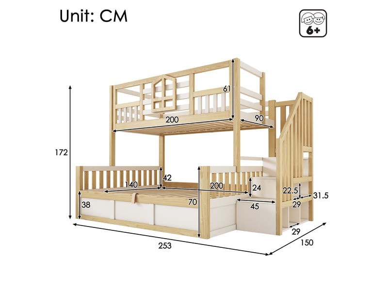  Lit superposé enfant 3 places 90140x200 cm avec fenêtre et barrière, lit coffre cabane avec espace de rangement, bois naturel blanc, norme en 747  - Conforama E