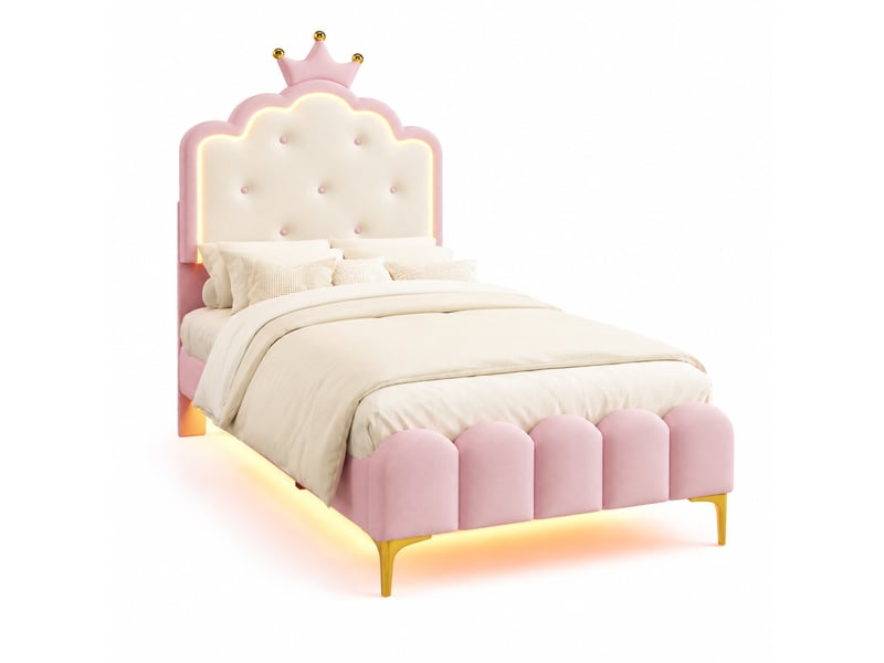  Lit enfant 90x200 cm en similicuir rose, lit simple avec tête de lit couronne et éclairage led, sans matelas  - Conforama A