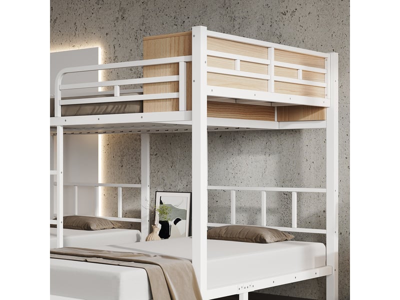  Lit superposé métal 140x200 ou 90x200 cm blanc, 3 couchages, étagère, rangement chaussures et échelle  - Conforama C
