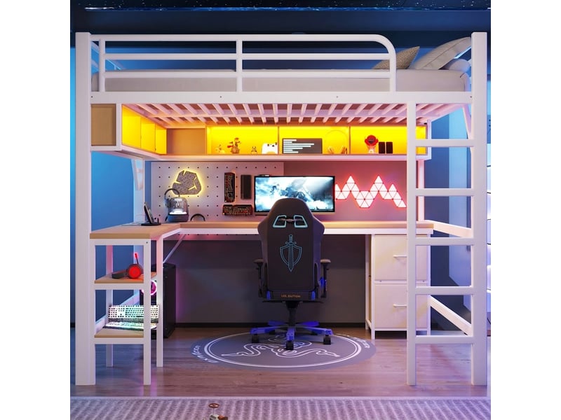  Lit mezzanine métal 140x200 gaming avec bureau, led et usb, blanc  - Conforama D