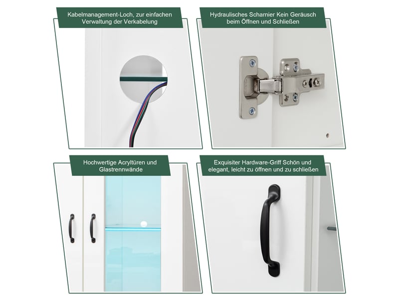 Vitrine avec 2 portes, 2 tiroirs et 5 compartiments, éclairage led pour salon en panneaux de particules 59,5×35×182 cm blanc - Conforama E