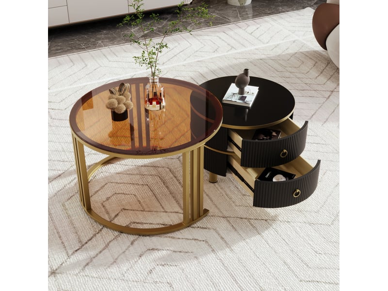  Lot de 2 tables basses rondes 70x70x45 et 50x50x40 cm avec 2 tiroirs, noir et doré  - Conforama C