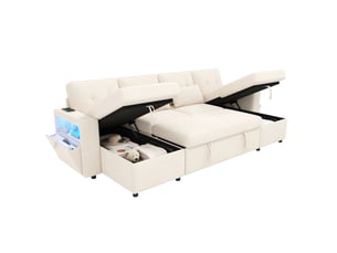 Canapé d’angle 4 places 273x131x83 cm convertible avec led, usb et rangement, en chenille couleur beige, design moderne