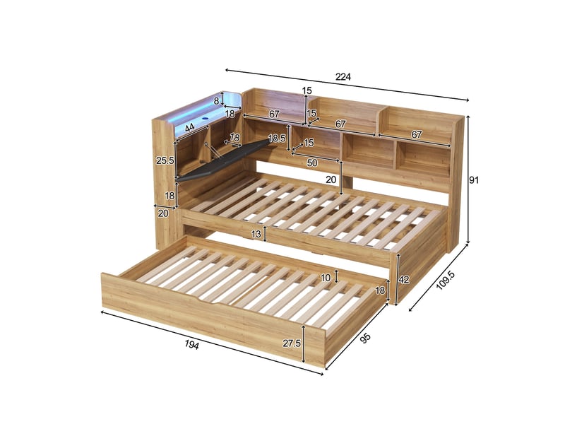  Lit enfant gigogne 90x200cm avec rangements, lit banquette  avec led connectée, lit gigogne avec étagères de chevet réversibles, naturel  - Conforama E