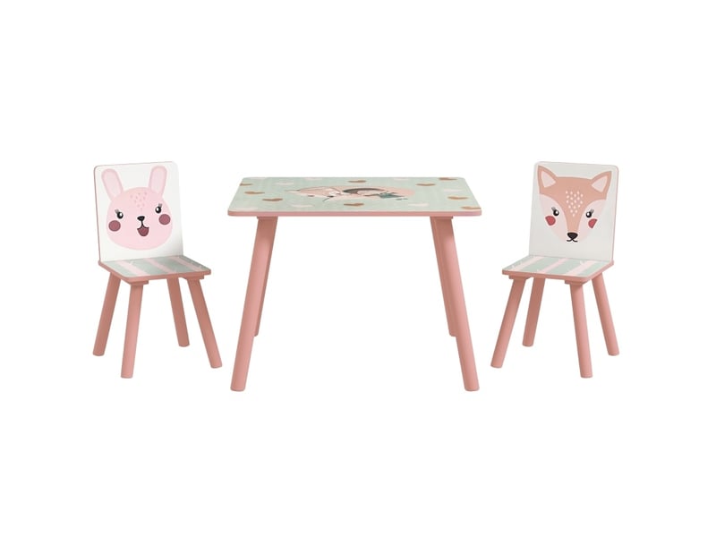  Groupe de tables et chaises pour enfants en bois de pin, motif animal, couleur rose, pour chambre d'enfant 3-8 ans  - Conforama A