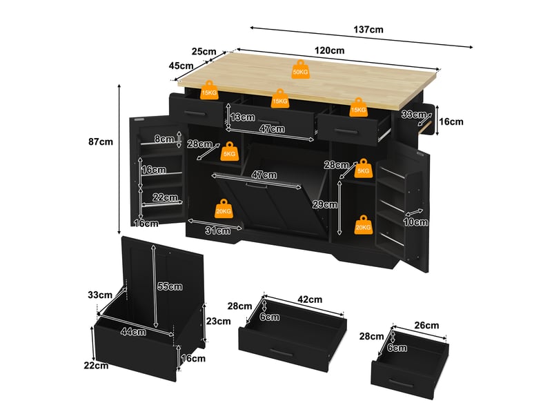  Îlot de cuisine mobile avec plan de travail pliable mdf noir 120 x 45(70) x 87 cm  - Conforama C