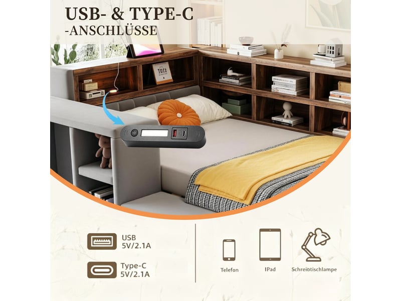  Lit coffre rembourré 90x200 cm – avec rangements led prises et table de chevet – velours – gris foncé CozyNest - Conforama E