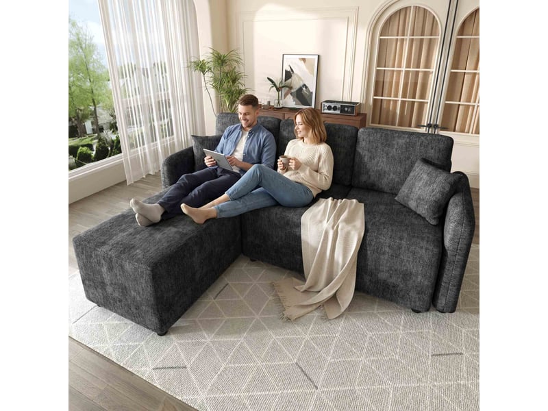  Canapé d’angle 3 places en chenille avec méridienne 187.5x144x85.5 cm, assise confortable en mousse haute densité, 2 coussins inclus - noir  - Conforama E