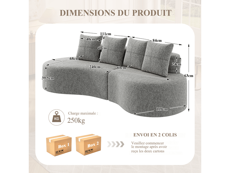 Canapé droit fixe en lin gris clair 240 x 109 x 63 cm, 4 places, 4 coussins, porte-gobelets et poches latérales 240x109x63cm - Conforama C