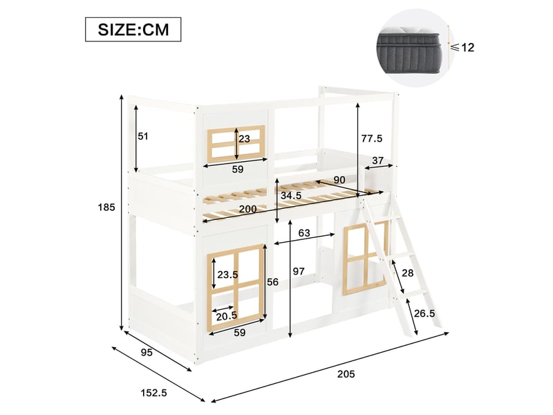  Lit superposé enfant 90x200 cm fenêtres décoratives, échelle et barrières, structure mdf, blanc naturel, sans matelas  - Conforama C