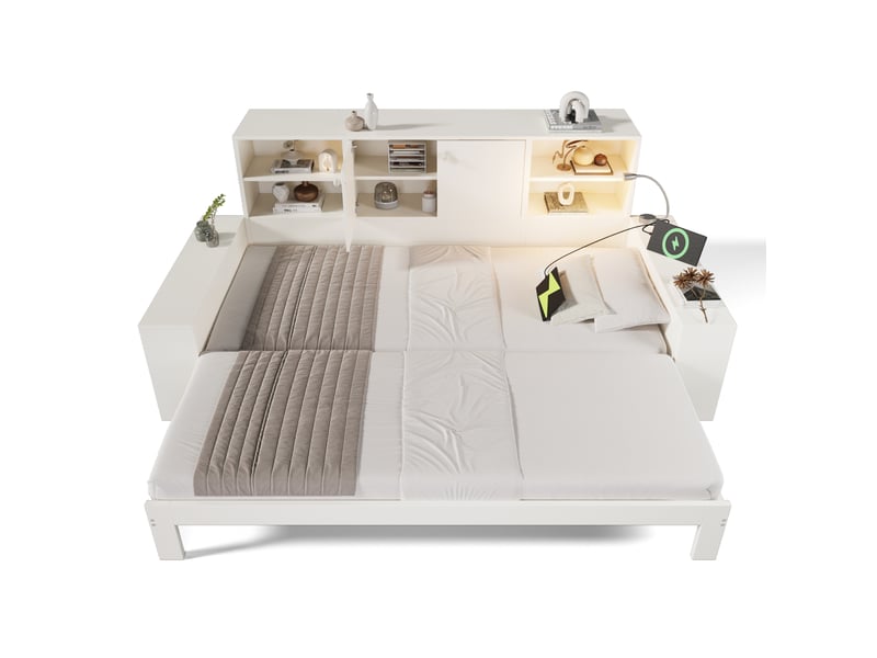  Modenvie lit gigogne 90x200 cm - avec rangement intégré, ports usb et usb-c, sans matelas - blanc  - Conforama A
