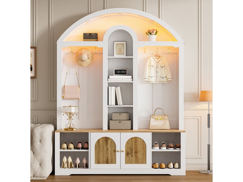  Vestiaire d'entrée, meuble de rangement avec porte-manteau et étagère à chaussures, mdf style scandinave 150x40x195 cm avec ruban led, blanc et bois  - Conforama R