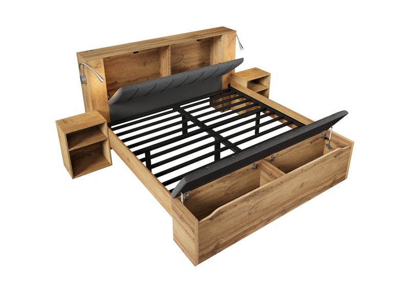  Lit double 160 x 200 cm couleur chêne, bois, avec rangements, lampes de lecture usb et matelas inclus  - Conforama D