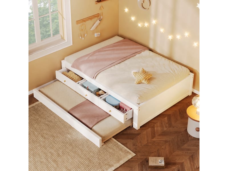  Lit gigogne blanc en bois avec 3 tiroirs et lit d’appoint, structure en mdf et pin, couchage 90 x 200 cm  - Conforama C