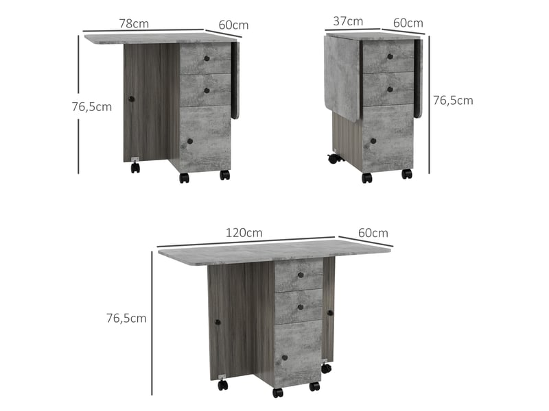  Table de cuisine pliable table à manger pliante 2 plateaux rabattables avec 2 tiroirs 1 placard et 1 étagère de rangement 120 x 60 x 76,5 cm - gris  - Conforama E
