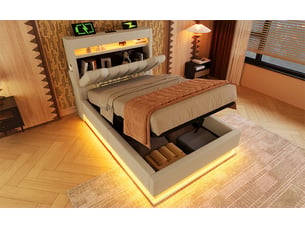 Lit coffre rembourré 90×200cm, tête de lit avec rangement, ports usb, led, tissu lin, lit simple, avec matelas, beige
